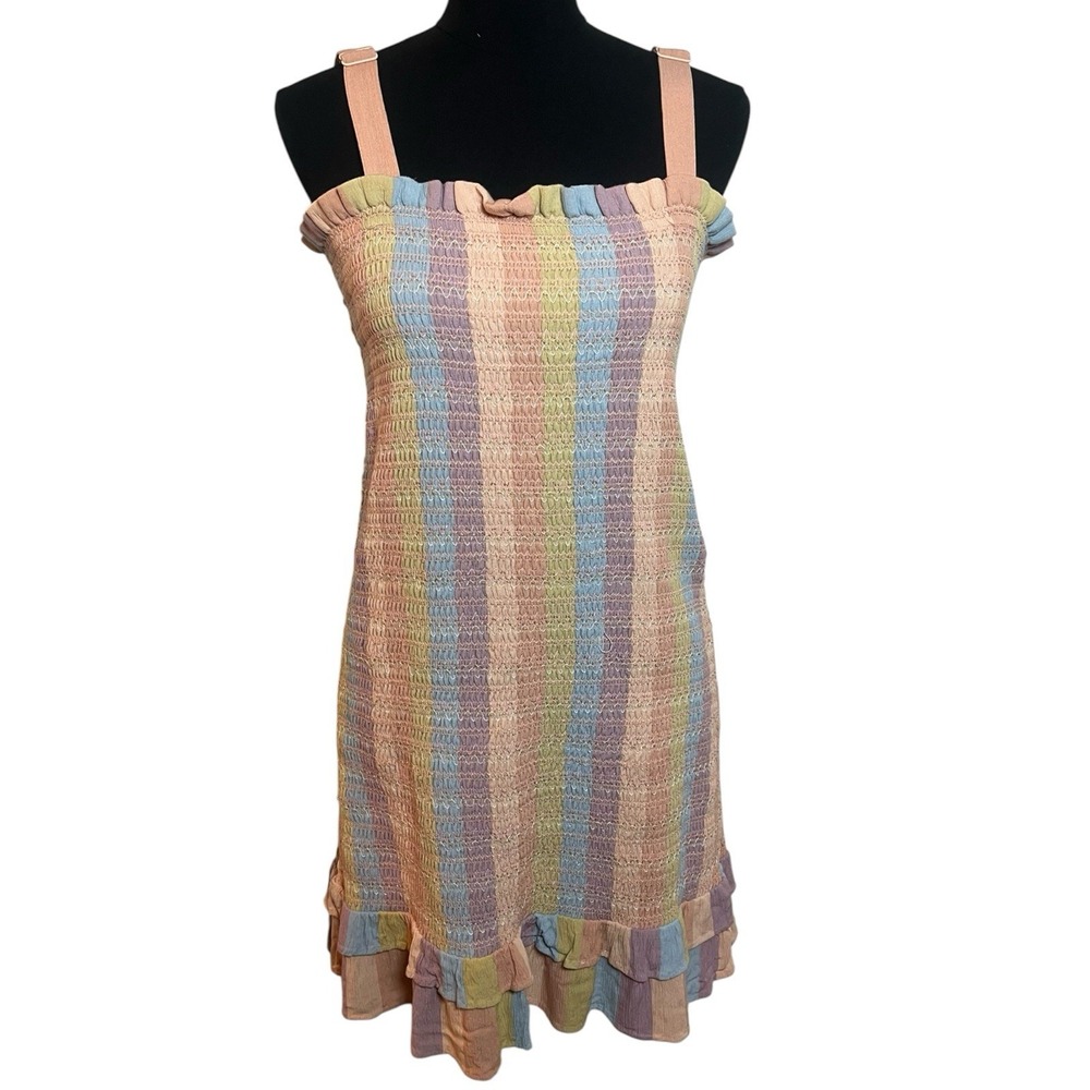 American Eagle Smocked Pastel Stripe Mini Dress Ruffle Hem Boho Womens Large